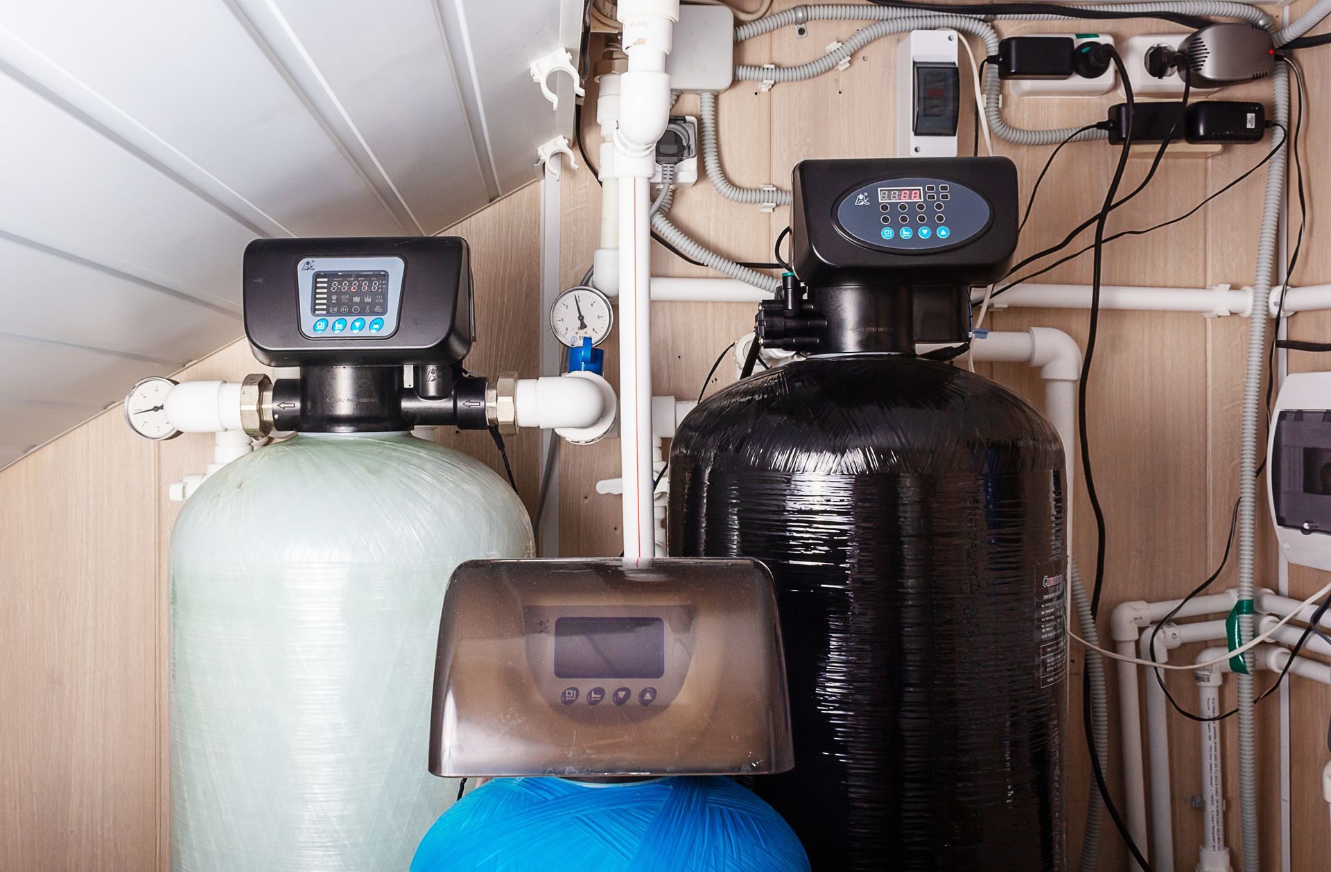 A water softener is sitting next to a water tank in a room.