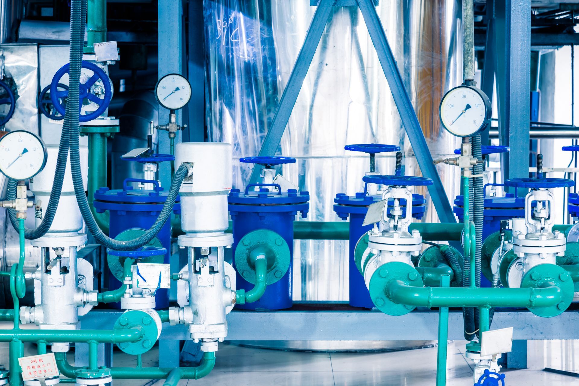 A factory with a lot of blue pipes and valves.