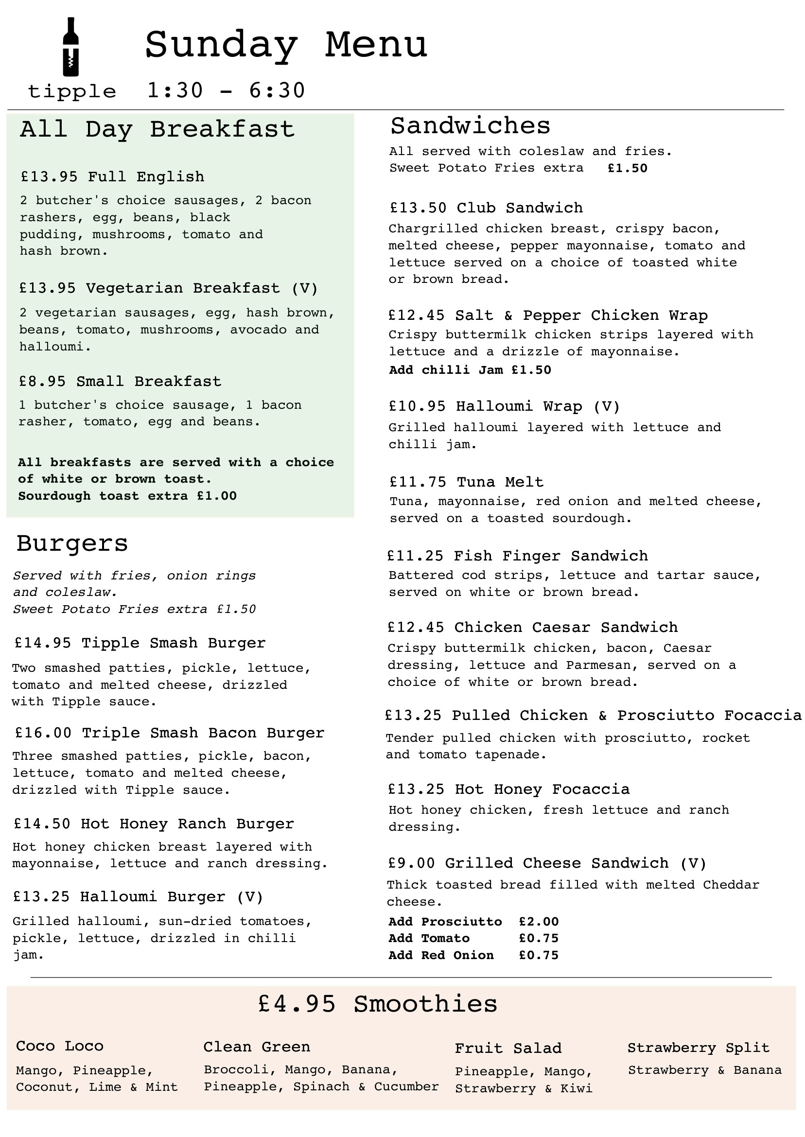 sunday menu | tipple | bar & eatery | ainsdale