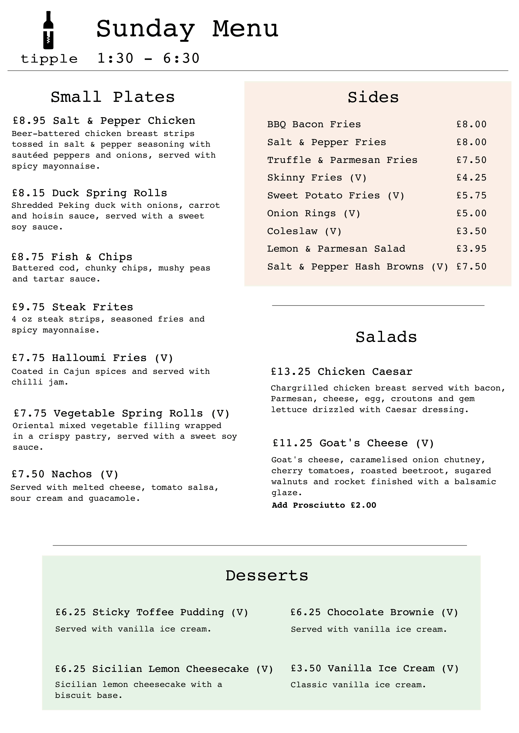 sunday menu | tipple | bar & eatery | ainsdale