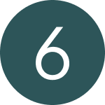 White number 6 on a dark teal circular background