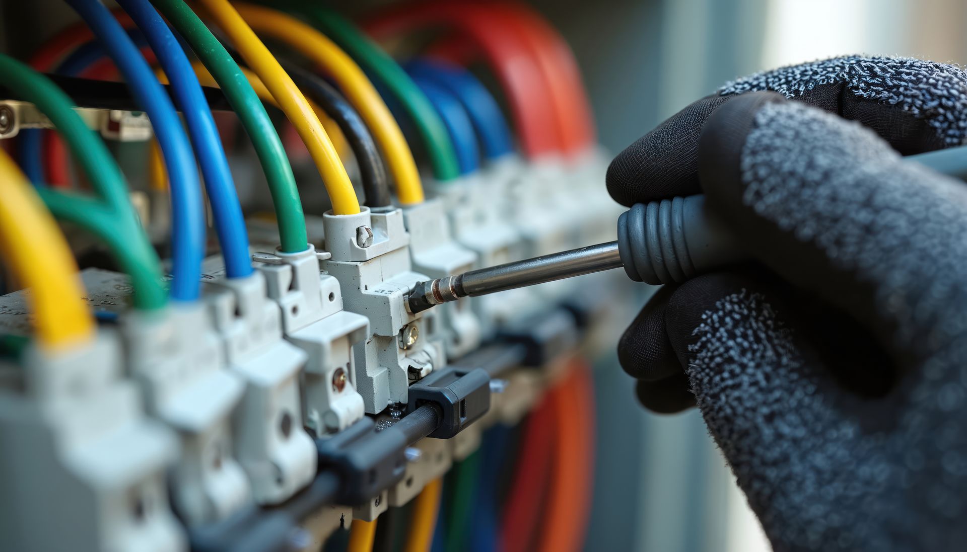 Commercial electrical contractor wiring industrial terminal blocks inside a control panel.