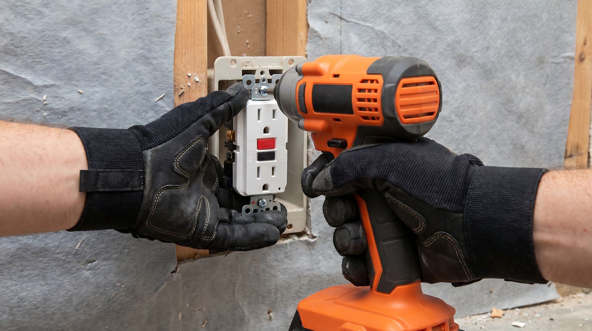 Vew of a technician installing a new electrical outlet using an electrical installation tool.