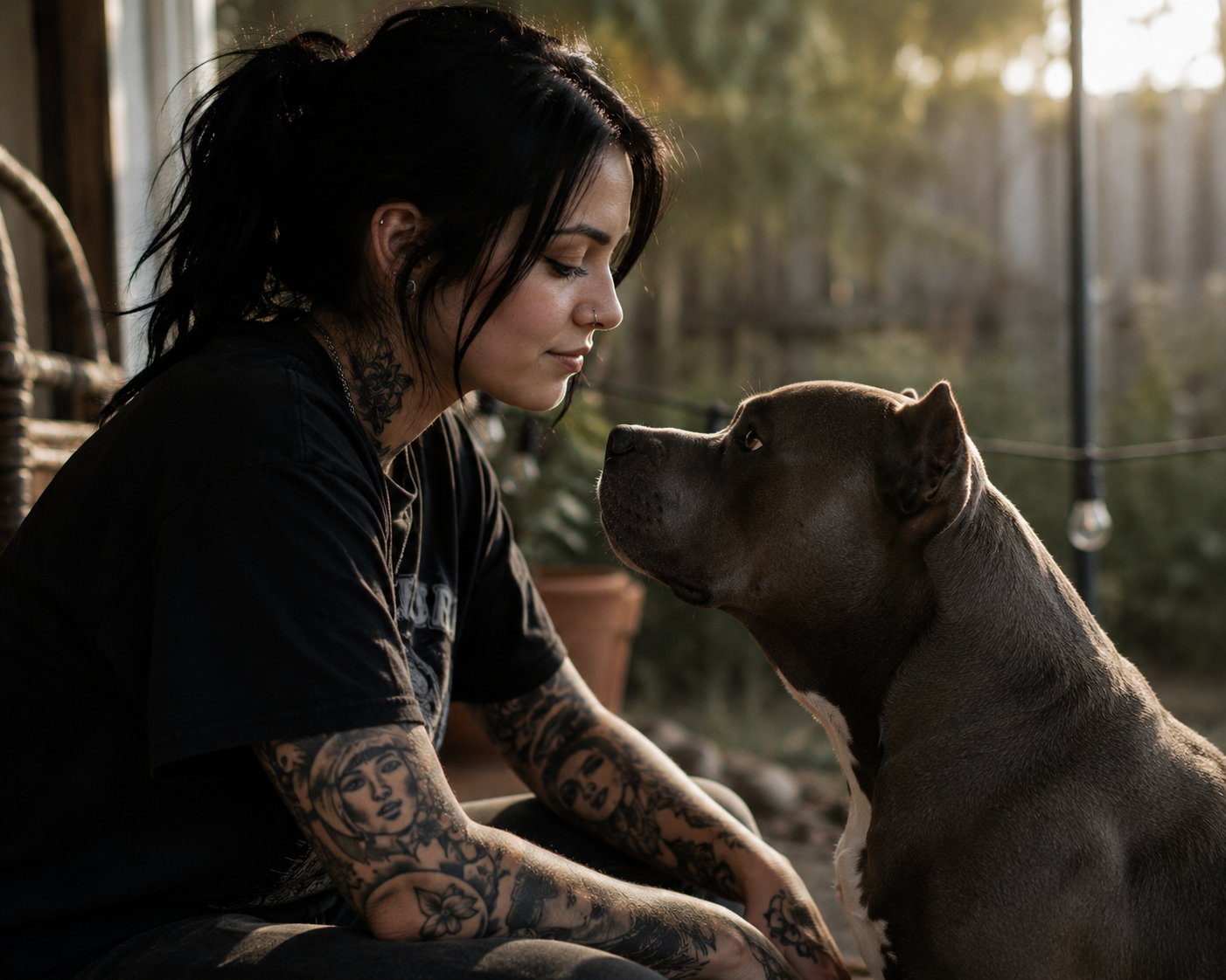 a young woman and her bully breed looking deeply in each others eyes.