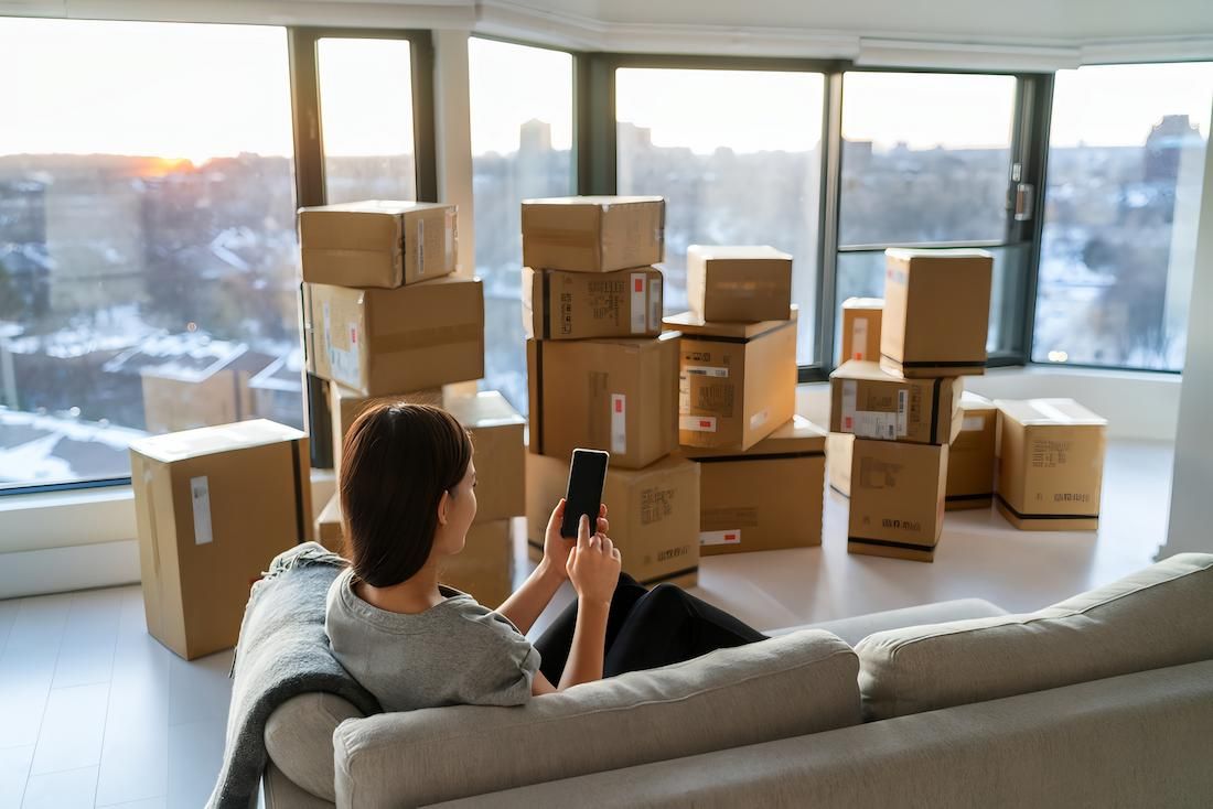 A Woman is Sitting on a Couch in Front of a Pile of Cardboard Boxes — Dunford Removals in Agnes Waters, QLD