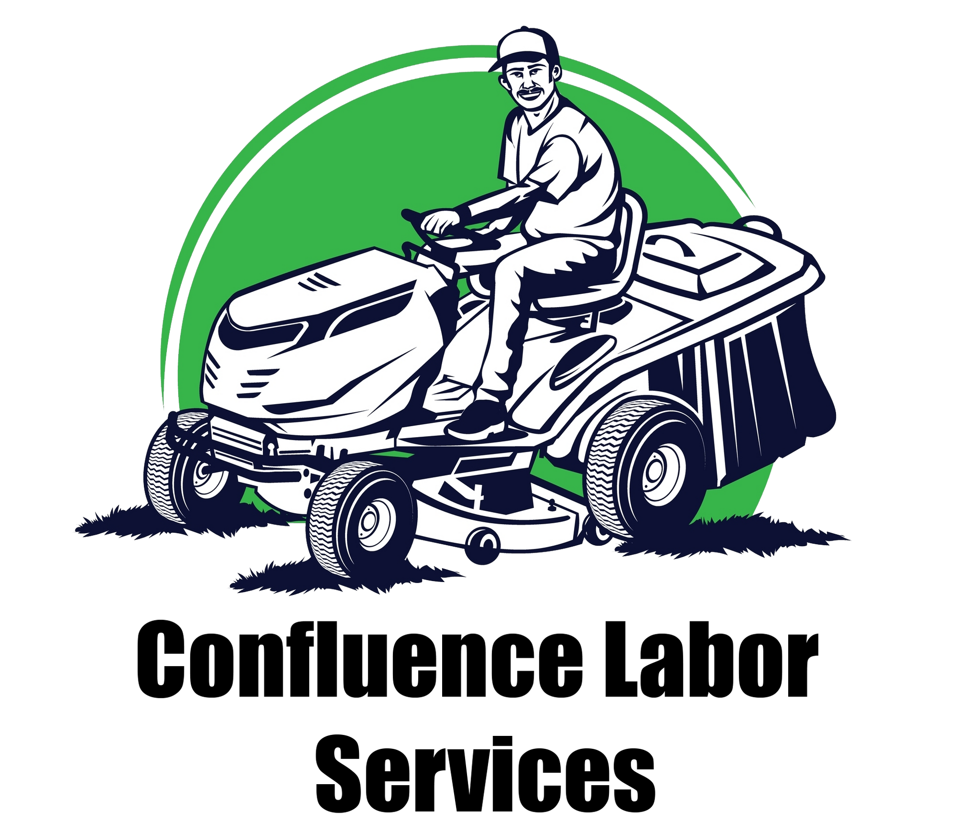 Logo featuring a person on a riding lawnmower against a green backdrop. Text reads 