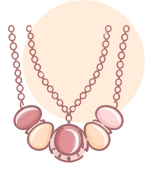 Collier de perles roses avec pendentifs en quartz rose et une pierre centrale ronde rose sur fond beige