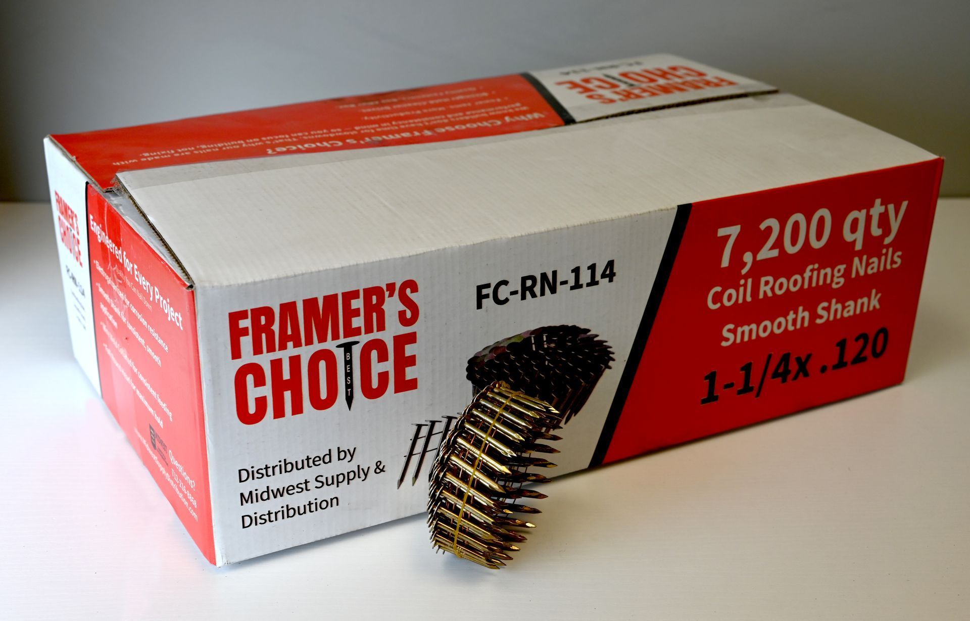 Box of Framer’s Choice coil roofing nails, white and red packaging with nail stack in front