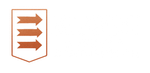 Orange shield logo with three stacked right-pointing arrows