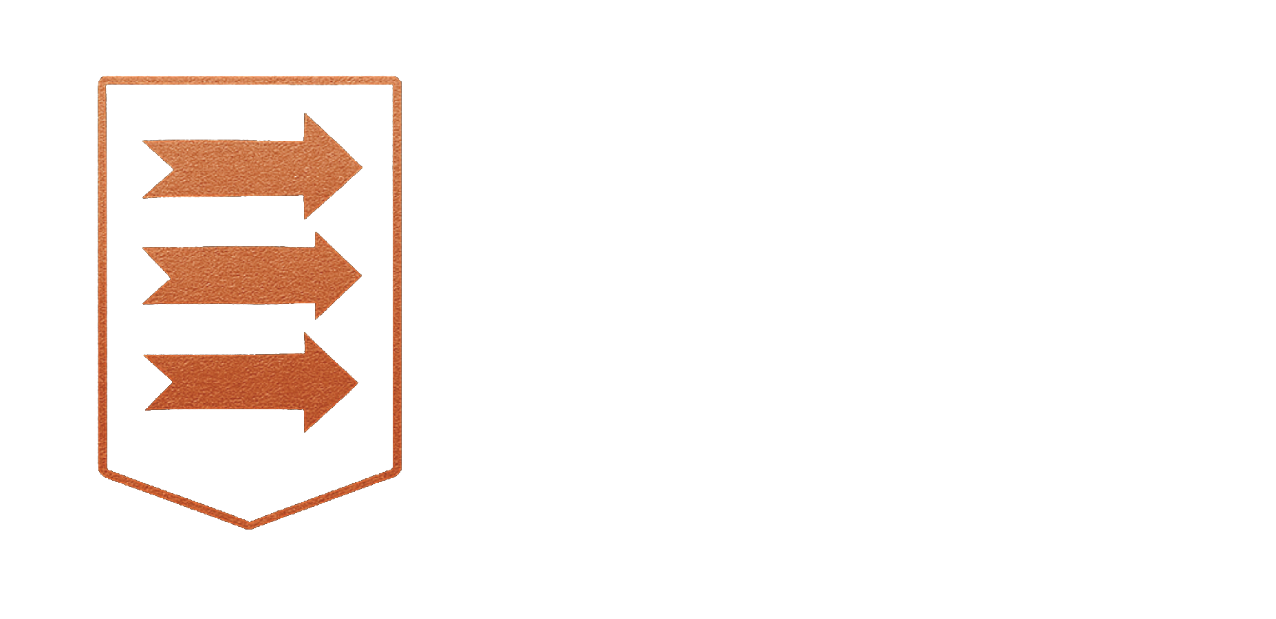 Orange shield logo with three stacked right-pointing arrows