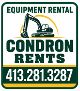 Equipment rental sign: A dark green and yellow rectangle with an excavator illustration. Phone number: 413.281.3287.