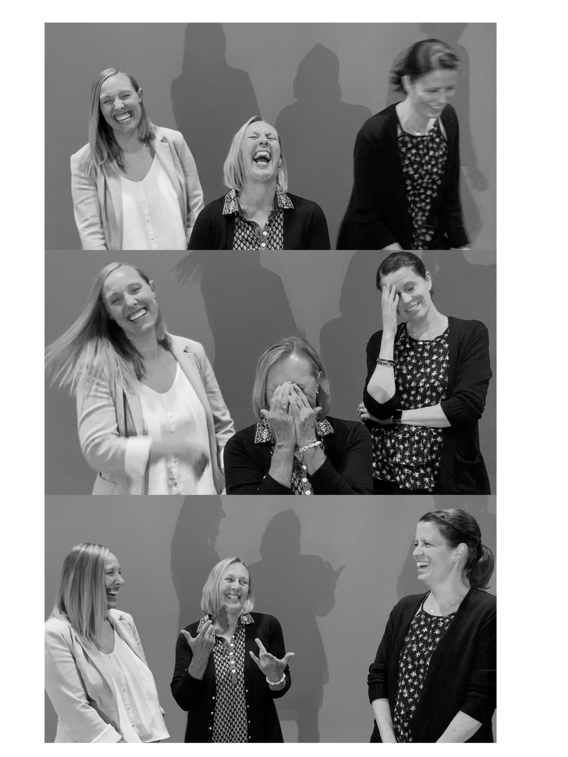 Three women laughing and chatting in a three-panel black-and-white collage