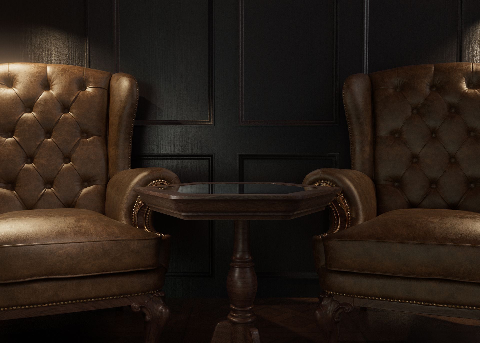 Two brown leather armchairs facing a small dark wooden table in a dimly lit room