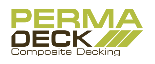 The logo for perma deck composite decking is green and brown.