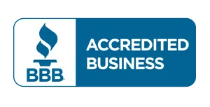 BBB Accredited Business logo with blue torch icon and text on white and blue background