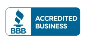 BBB Accredited Business logo with blue torch icon and text on white and blue background