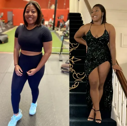 Side-by-side fitness progress photos of a woman in workout clothes, standing indoors and on stairs in a black dress.