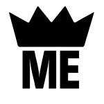 Black crown icon above bold black letters “ME” on a white background