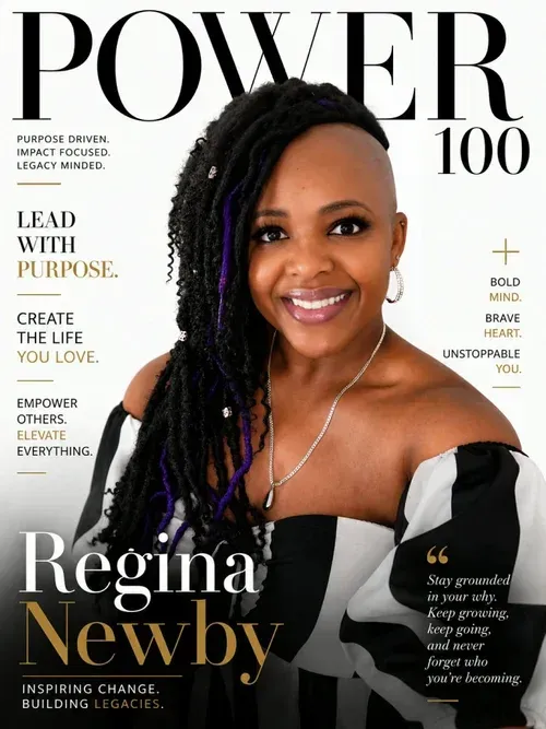 Magazine cover featuring a smiling woman in a black-and-white outfit with purple braids, titled POWER 100.