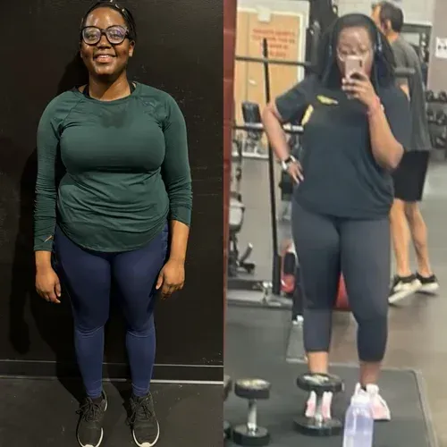 Side-by-side gym mirror selfies showing a woman before and after weight loss, wearing workout clothes.
