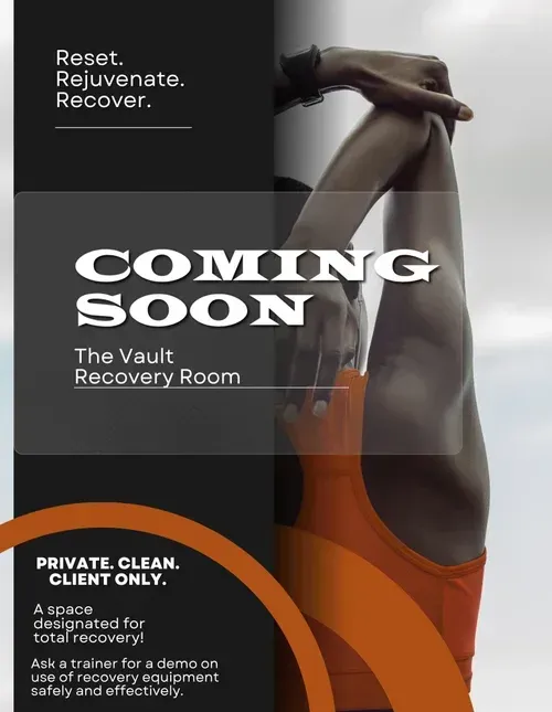 Promotional poster for The Vault Recovery Room, with “Coming Soon” text and a person in orange shorts on a dark background.