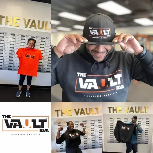 Collage of a man modeling The Vault RVA apparel in a gym-like storefront setting