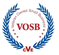 Blue laurel logo with red “VOSB” and “cVe,” reading “Veteran Owned Small Business” around the top