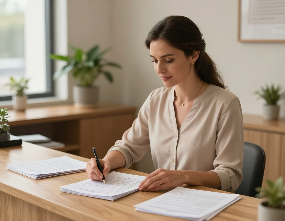 Front desk administrator reviewing paperwork at Remedy Chiropractic