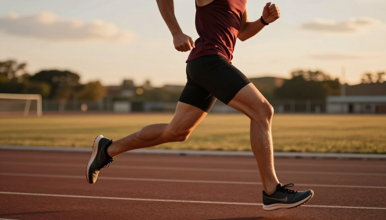 Athlete running on outdoor track at golden hour
