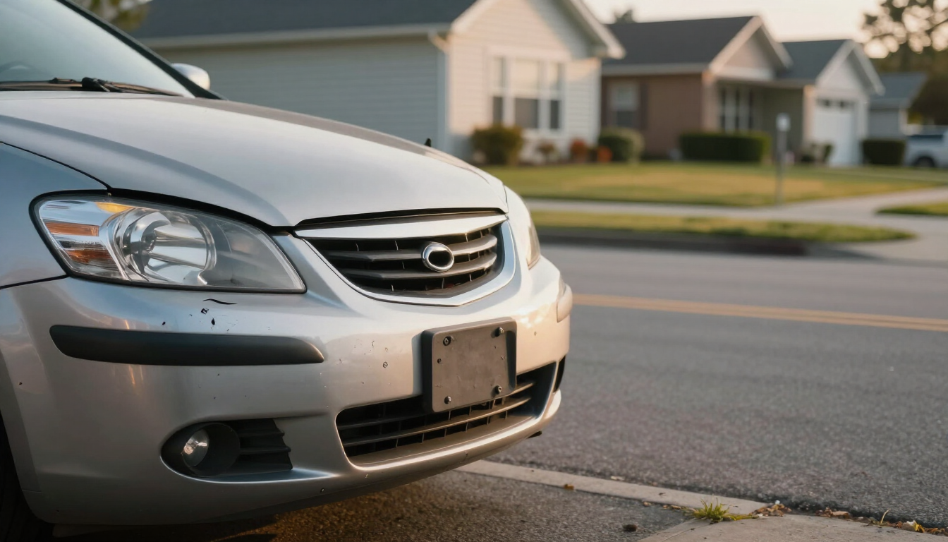 Car accident bumper damage on suburban street