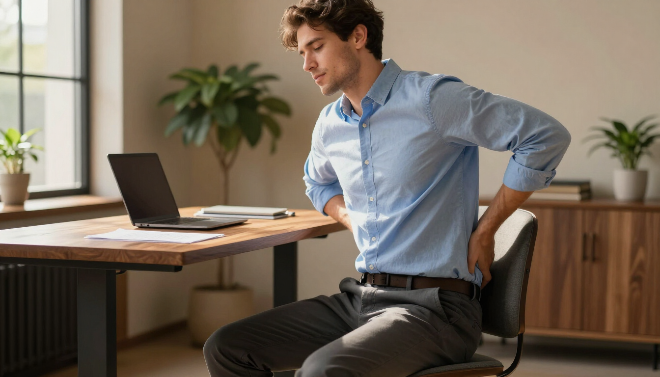 Office worker stretching at standing desk