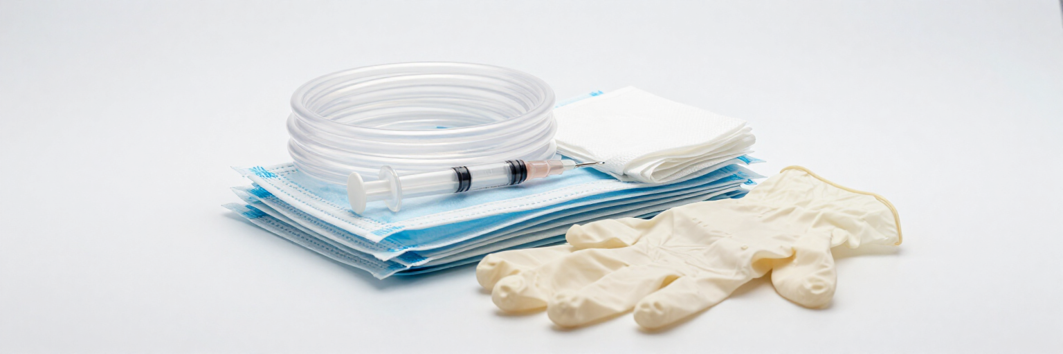 Pila de pañales desechables blancos y azules doblados con toallitas húmedas beige para bebés sobre una superficie blanca.