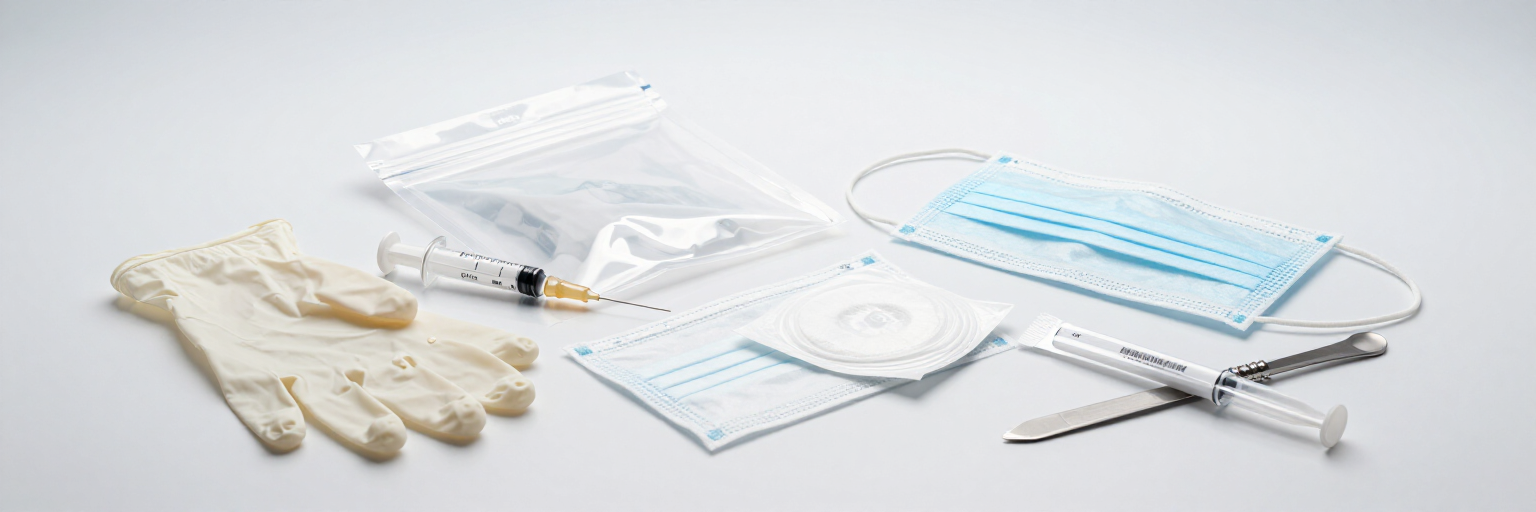 Guantes desechables, jeringa, mascarilla y kits de prueba dispuestos sobre una superficie blanca.