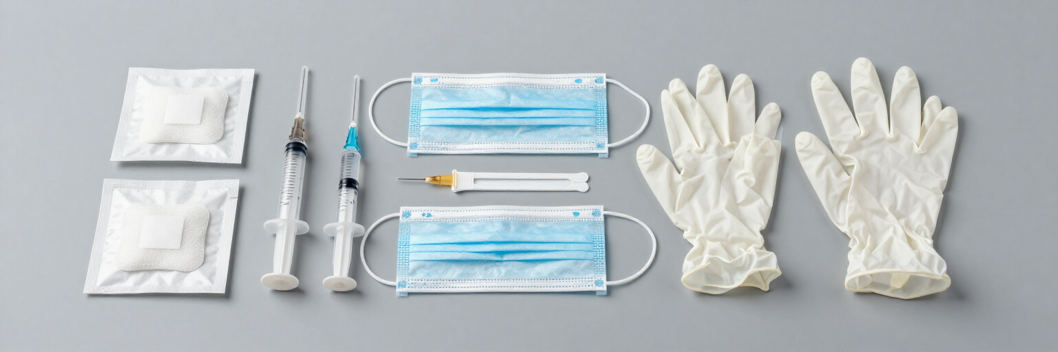 Kit médico de protección con mascarillas, guantes, jeringas y gasas sobre un fondo gris claro.