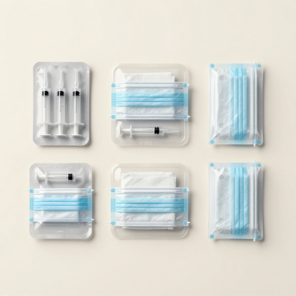 Seis dispositivos médicos empaquetados en bolsas de plástico transparente, dispuestos en una cuadrícula de 2 por 3 sobre un fondo blanco.