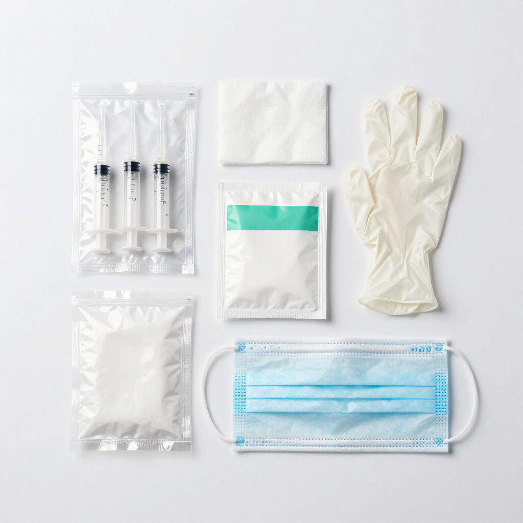 Artículos variados de EPI médicos: jeringas, guantes, mascarillas, gasas y toallitas sobre un fondo blanco.