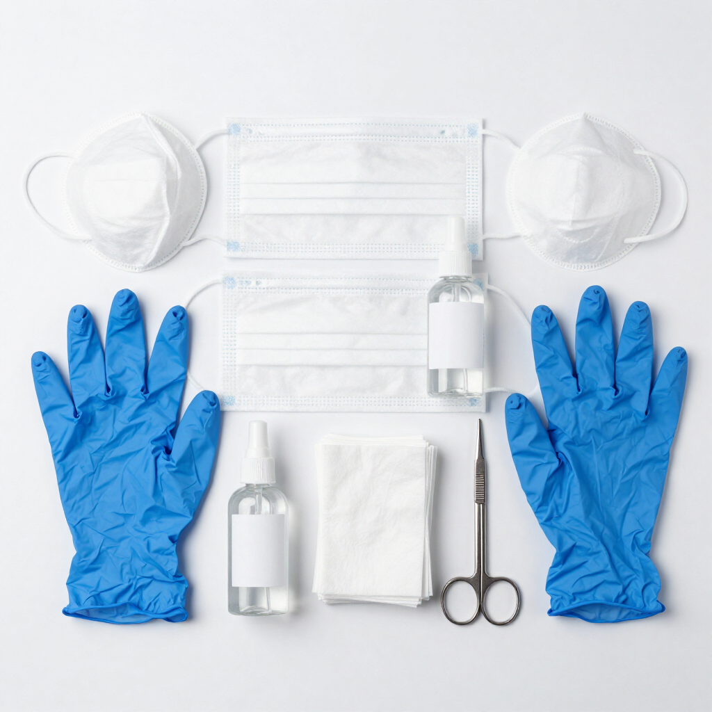 Guantes azules, dos mascarillas, dos botellas de desinfectante, una toallita doblada y tijeras sobre un fondo blanco.