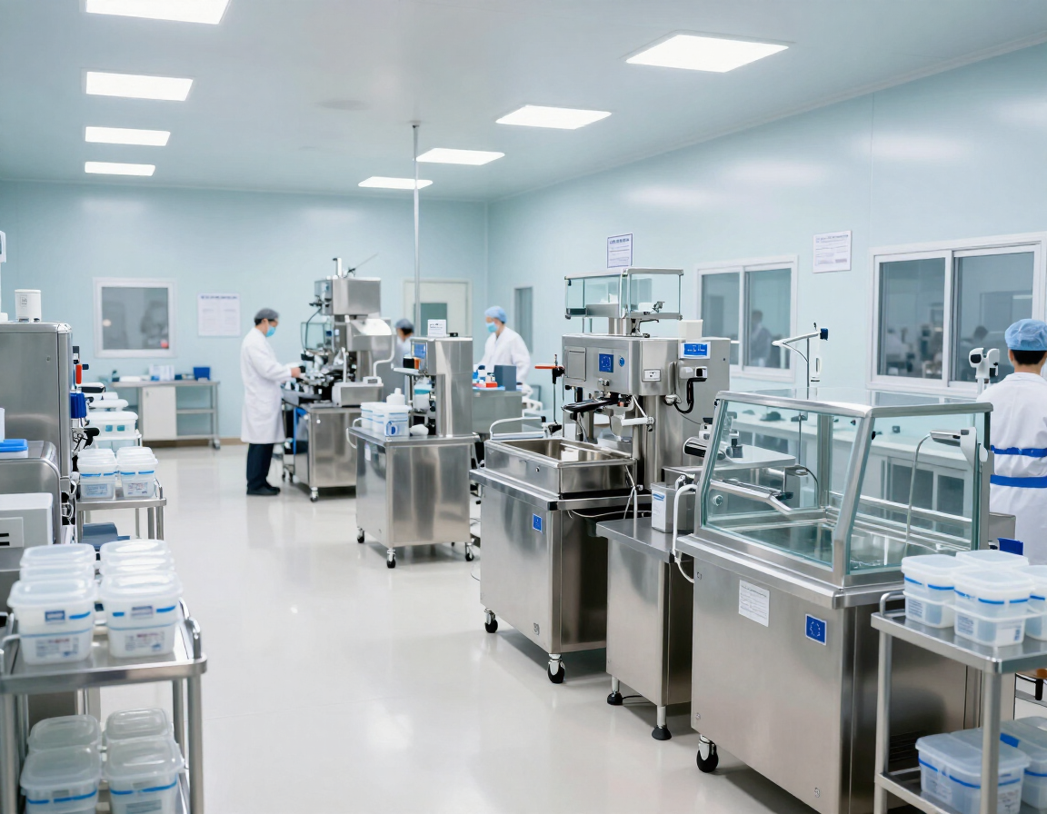 Laboratorio luminoso y estéril con trabajadores, equipos de acero inoxidable y recipientes de vidrio en una sala limpia.