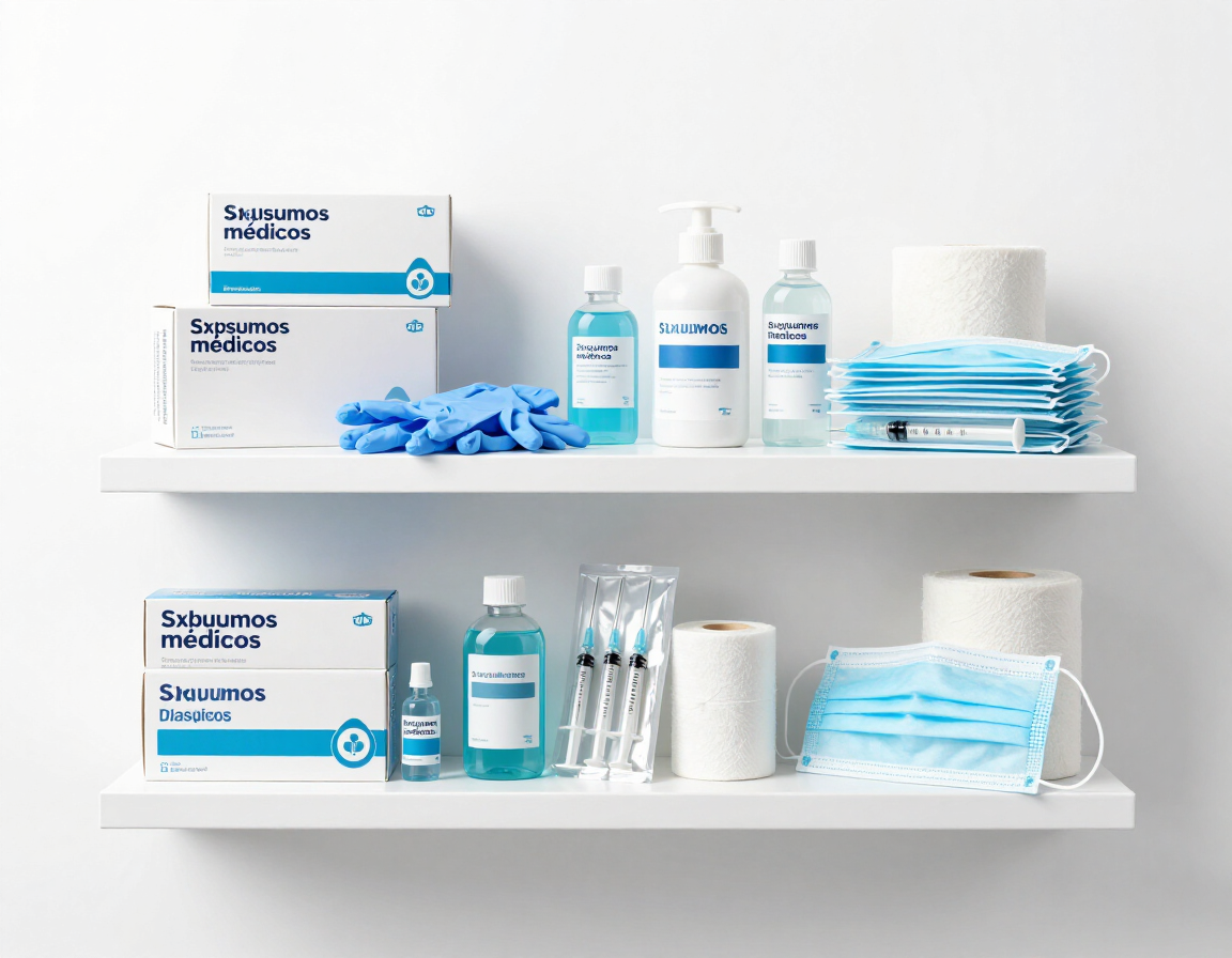 Estantes repletos de suministros médicos azules y blancos, guantes, toallitas húmedas, desinfectante y rollos de papel higiénico.