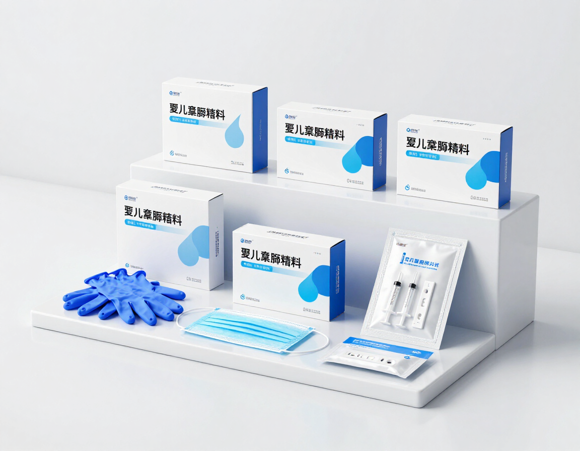 Kits de pruebas médicas azules y mascarillas faciales dispuestas sobre soportes de exhibición blancos.