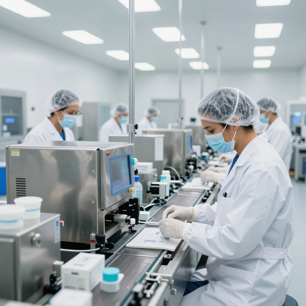 Técnicos de laboratorio con batas blancas y redecillas para el cabello trabajando en equipos en una sala limpia estéril.