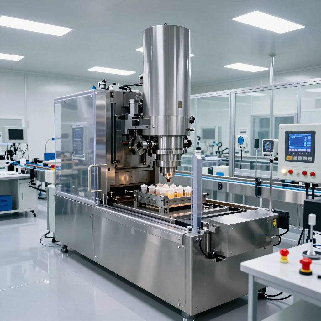 Máquina industrial automatizada en un laboratorio de fabricación limpio con paneles de control y equipos de acero inoxidable.
