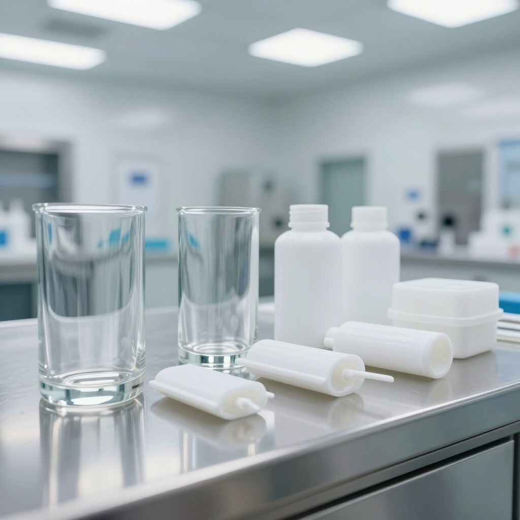 Material de vidrio de laboratorio y recipientes de plástico blanco sobre una encimera de acero inoxidable en un laboratorio limpio.