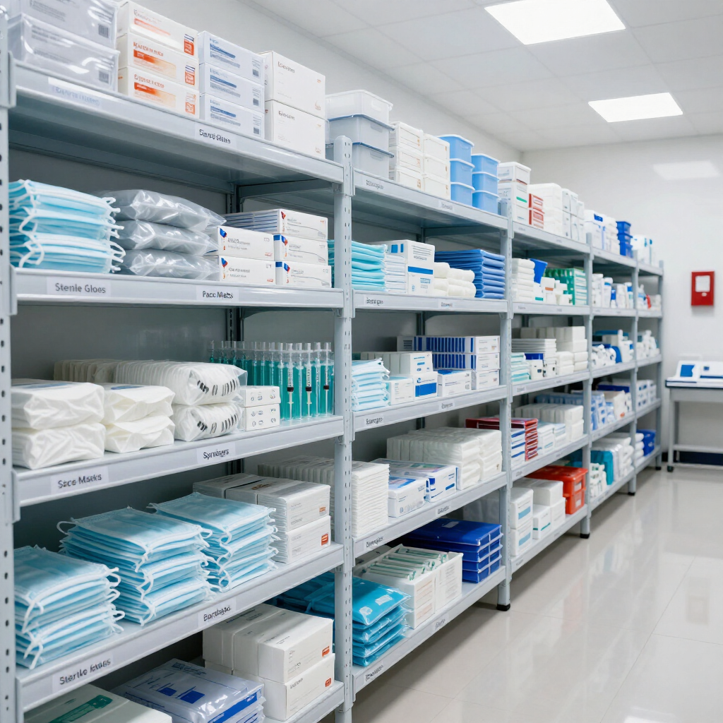 Filas de estantes de farmacia abastecidos con suministros médicos empaquetados en un almacén luminoso y limpio.
