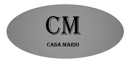 Logotipo ovalado gris con las letras “CM” y “CASA MARIO” en negro.