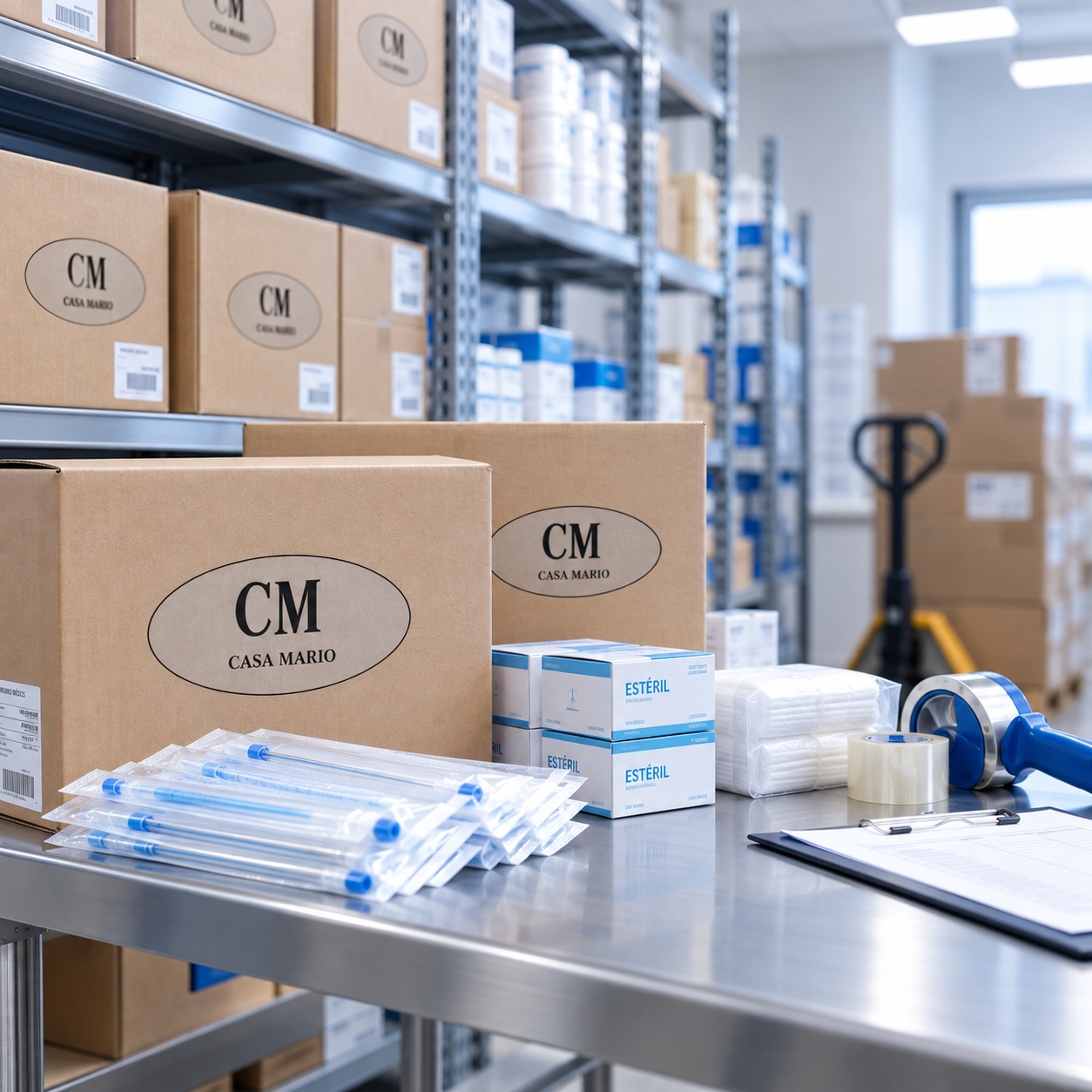 Insumos médicos descartables preparados para distribución mayorista.