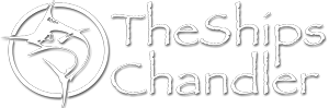 TheShipsChandlery logo with a stylized ship’s wheel and anchor in gray