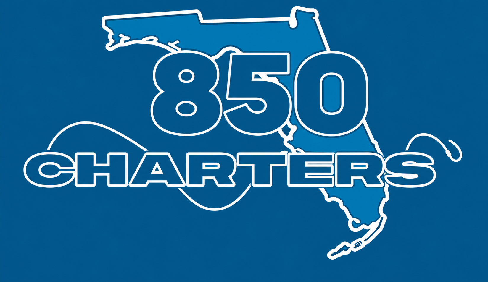 White “850 Charters” logo over Florida state outline on blue background