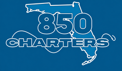 White &ldquo;850 Charters&rdquo; logo over Florida state outline on blue background