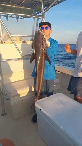 Person on a boat holding a large long fish, with the ocean and sunset in the background